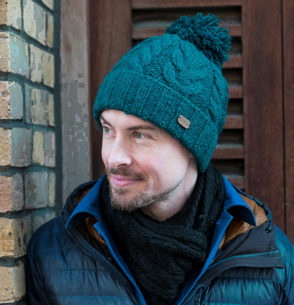 Kusan Cable Knit Bobble Hat Teal