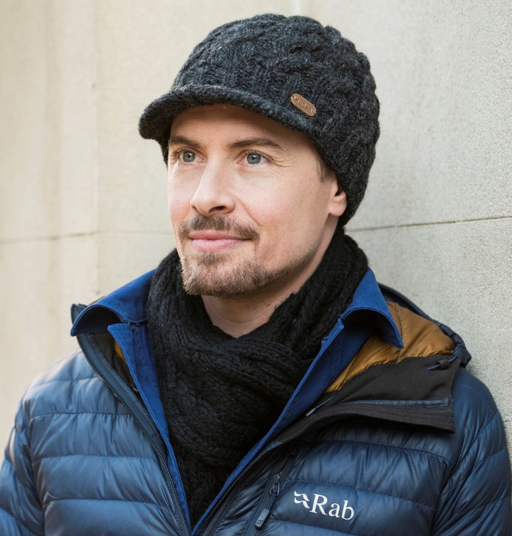 Kusan Cable Knit Peaked Beanie Cap Charcoal