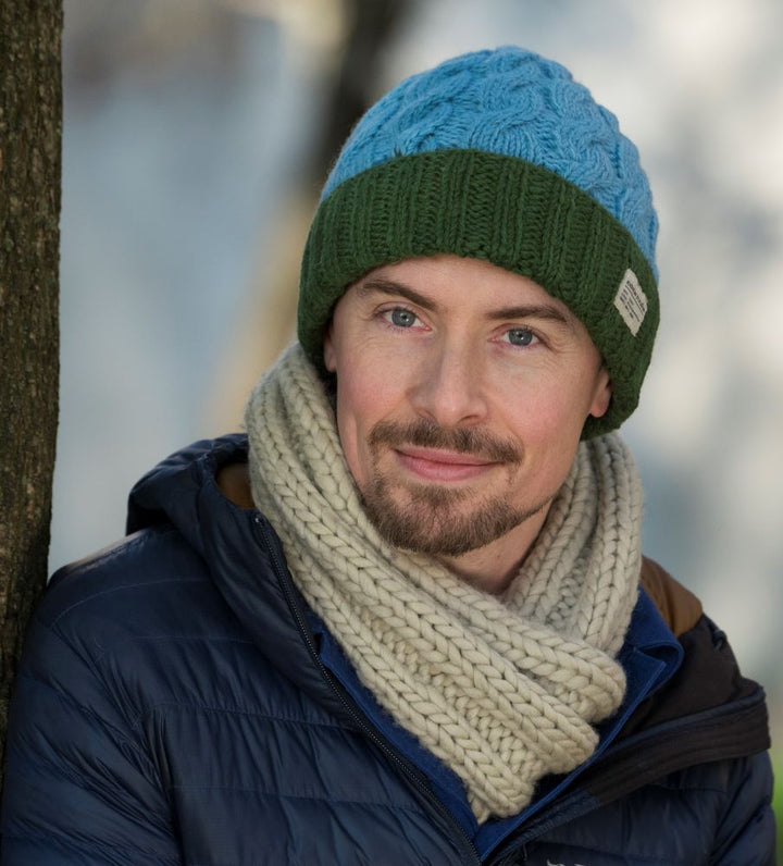 Kusan Cable Knit Turn-Up Beanie Hat Sky/Green