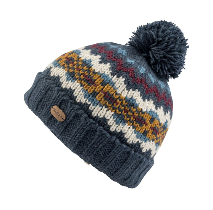 Kusan Wool Turn Up Bobble Hat Navy
