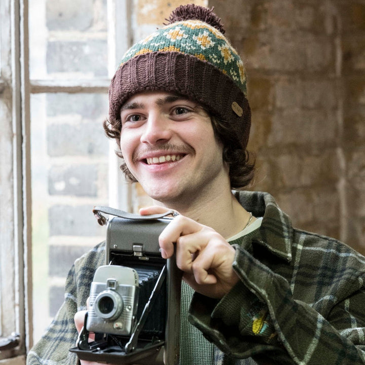 Kusan Wool Turn Up Bobble Hat Brown