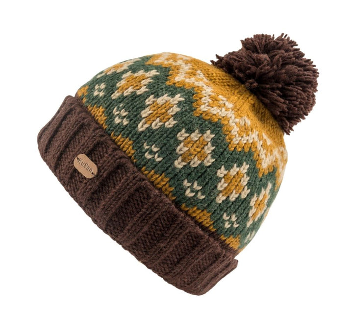 Kusan Wool Turn Up Bobble Hat Brown
