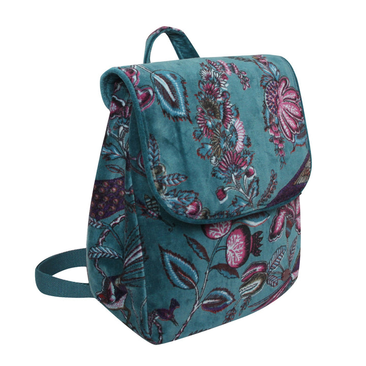 Teal Botanical Velvet Backpack Bag