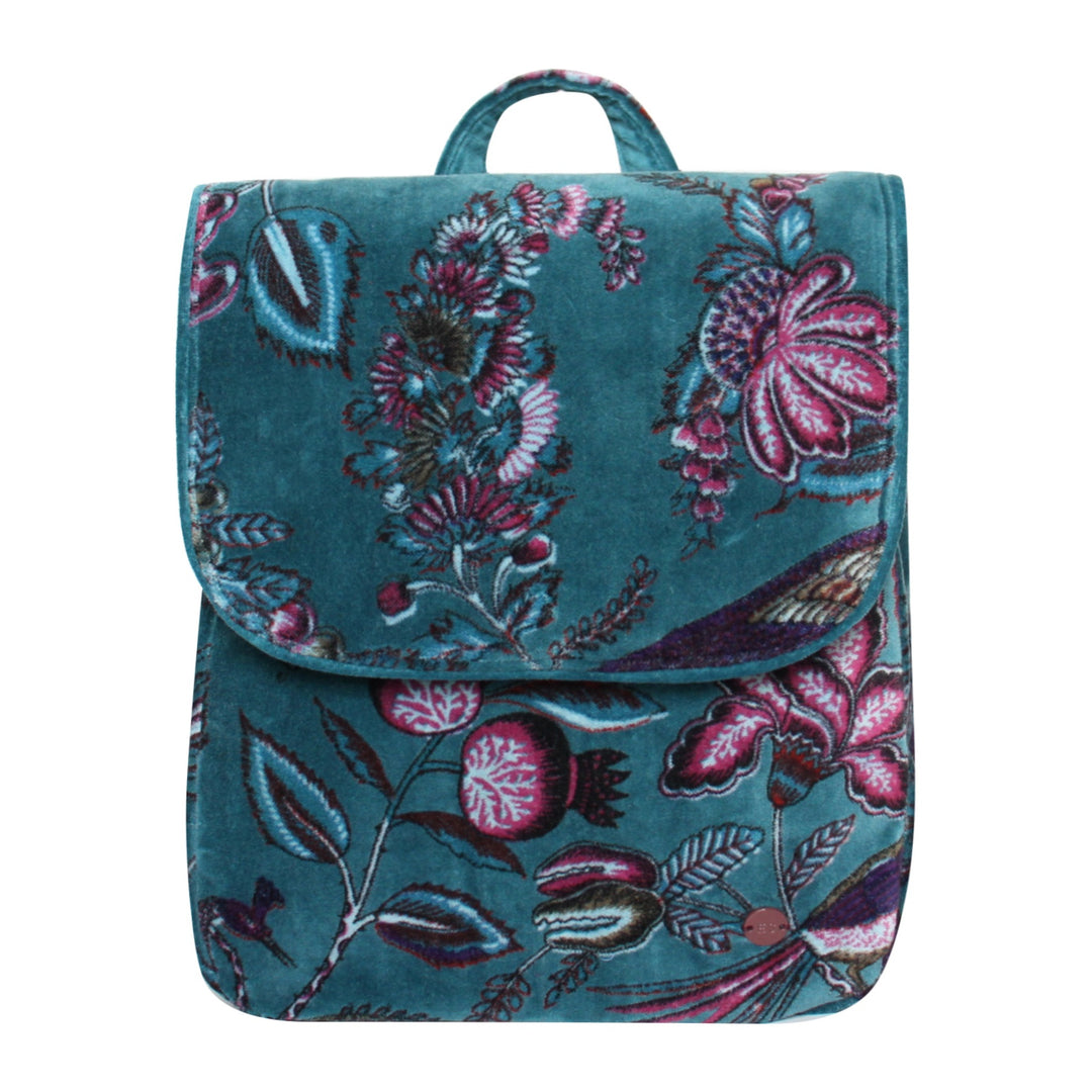 Teal Botanical Velvet Backpack Bag