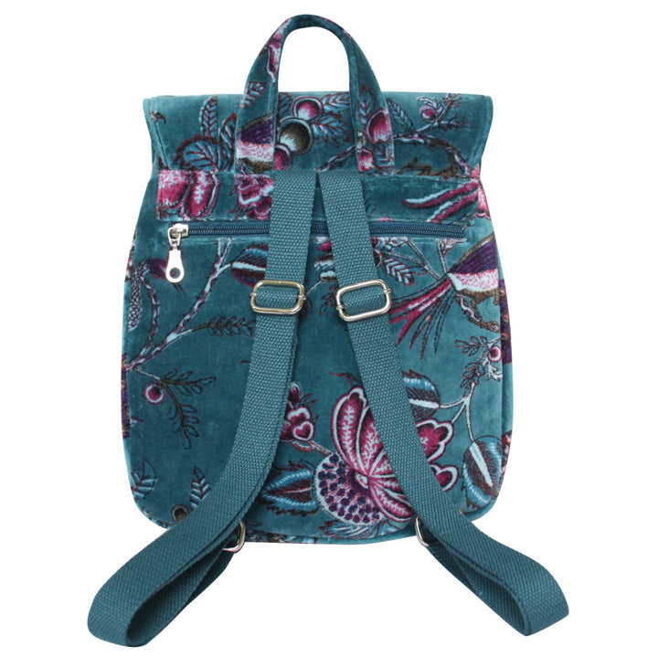 Teal Botanical Velvet Backpack Bag