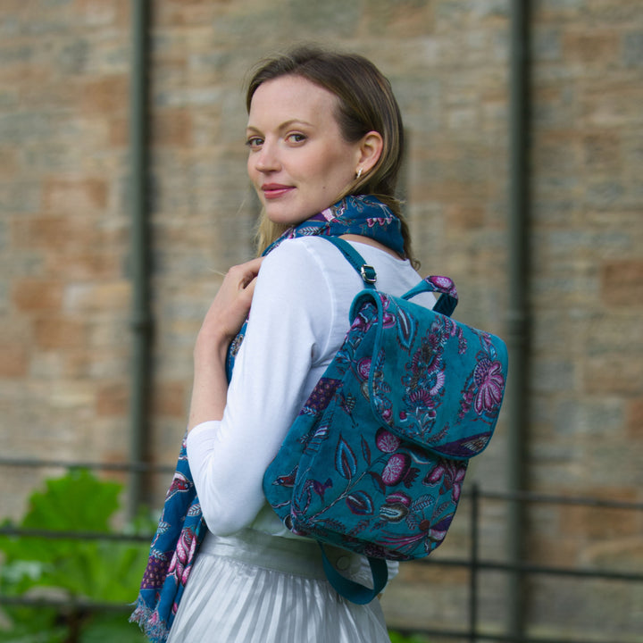 Teal Botanical Velvet Backpack Bag