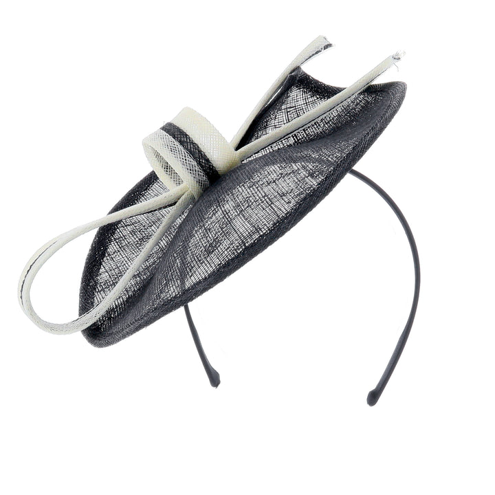 Black/Ivory Rosina Small Sinamay Disc Headband Fascinator, from Elegance Boardmans