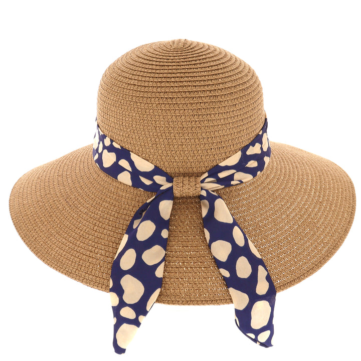 Women's Summer Wide Brim Sun Hat With Scarf in Tan