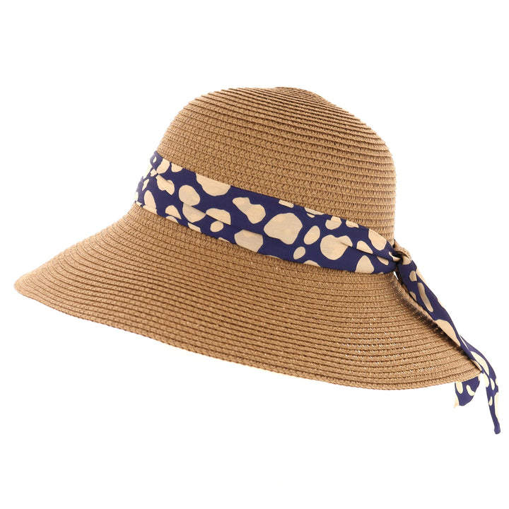 Women's Summer Wide Brim Sun Hat With Scarf in Tan