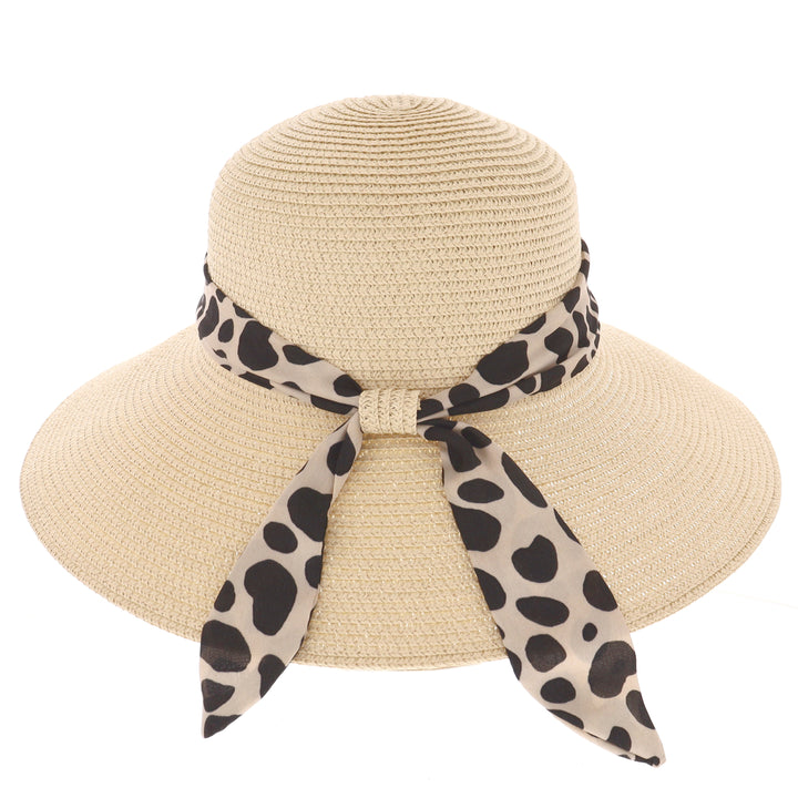 Women's Summer Wide Brim Sun Hat With Scarf in Natural