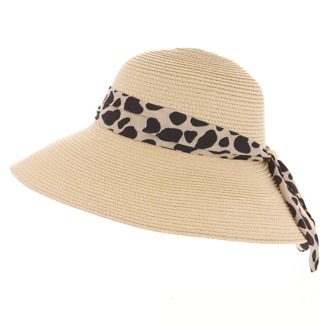 Women's Summer Wide Brim Sun Hat With Scarf in Natural