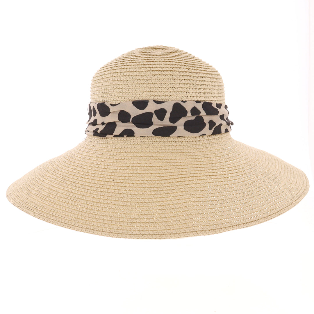 Women's Summer Wide Brim Sun Hat With Scarf in Natural