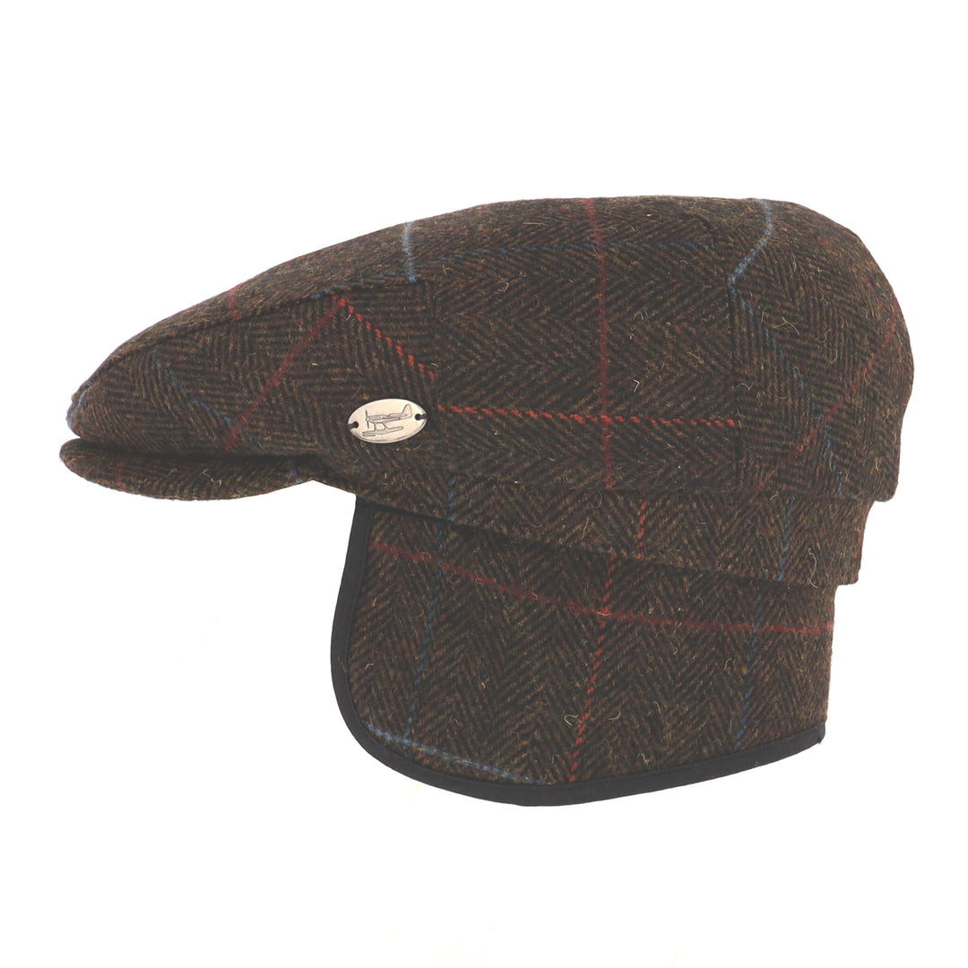 Whiteley Herringbone Ear Flap Flat Cap In Brown