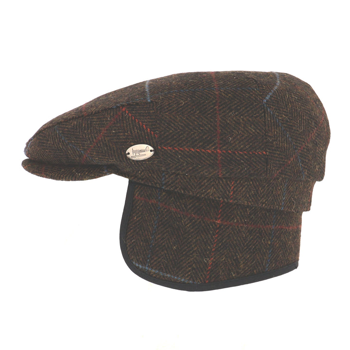 Whiteley Herringbone Ear Flap Flat Cap In Brown