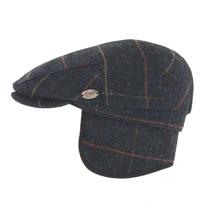 Whiteley Herringbone Ear Flap Flat Cap In Blue