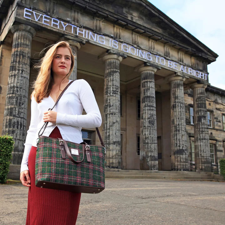 Glen Appin Harris Tweed Classic Spey Tote Handbag Green/Plum Check