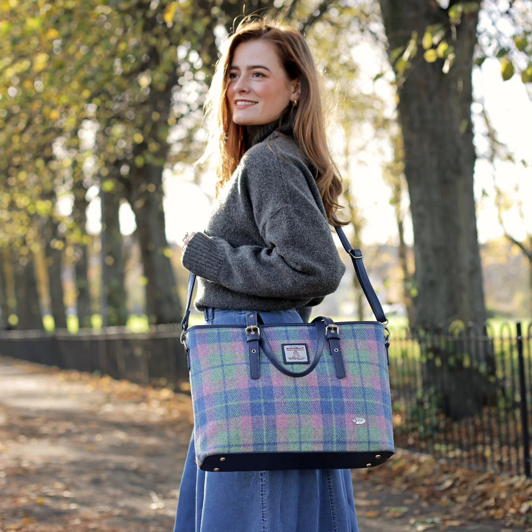 Glen Appin Harris Tweed Classic Spey Tote Handbag Soft Blue/Pink Tartan