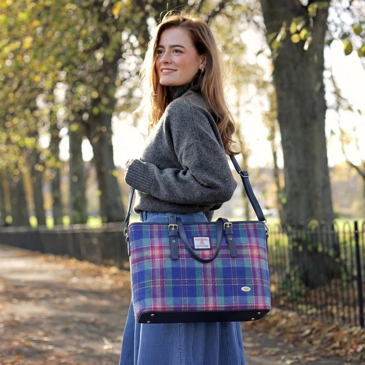 Glen Appin Harris Tweed Classic Spey Tote Handbag Blue & Teal Tartan