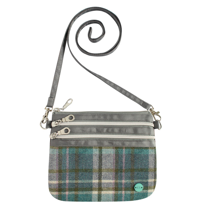 Teal Small Tweed 3-zip Pouch Cross Body Bag by Earth Squared