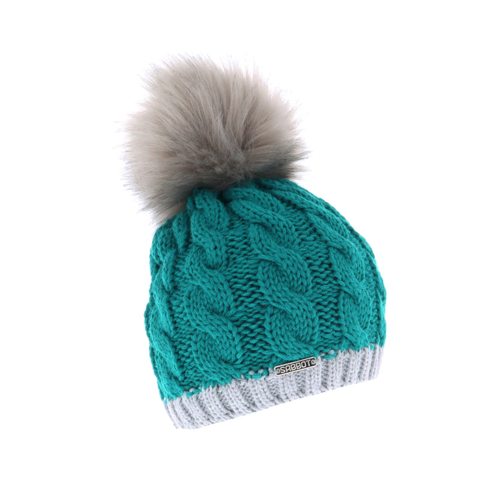 Sabbot Andrea Chunky Knit Faux Fur Bobble Hat Teal/Grey