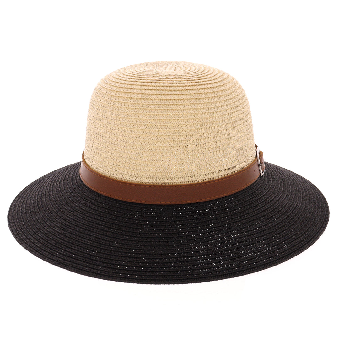 Women's Summer Straw Wide Brim Sun Hat with Buckle Band Natural/Black