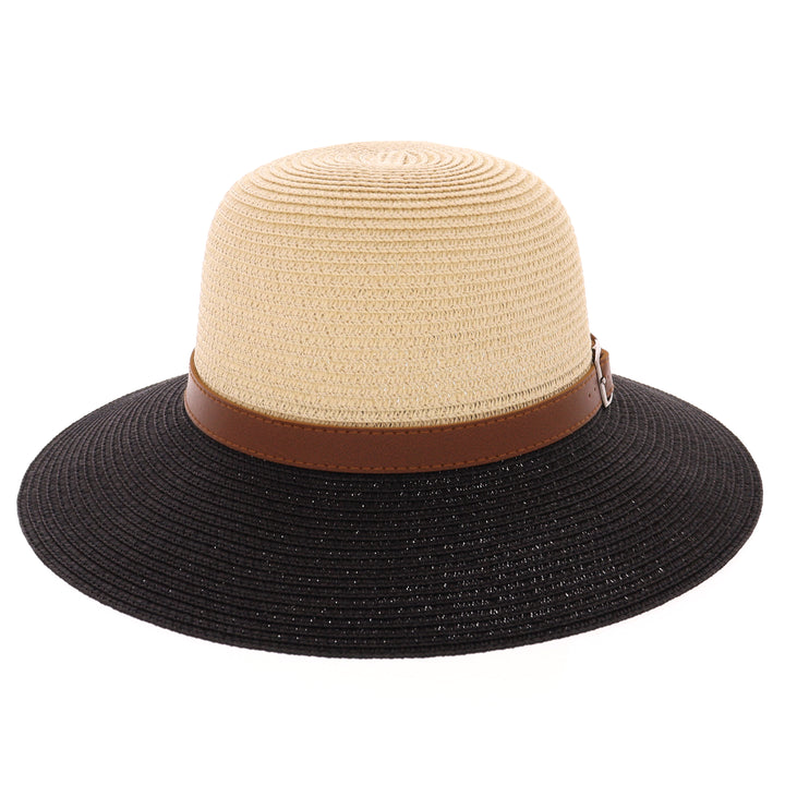Women's Summer Straw Wide Brim Sun Hat with Buckle Band Natural/Black