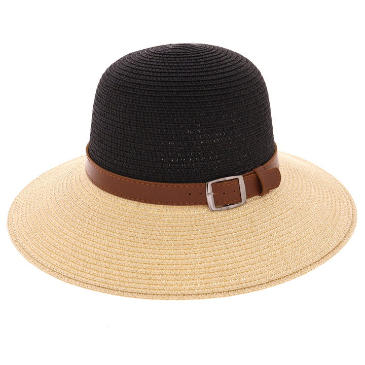 Women's  Summer Straw Wide Brim Sun Hat with Buckle Band Black/Natural
