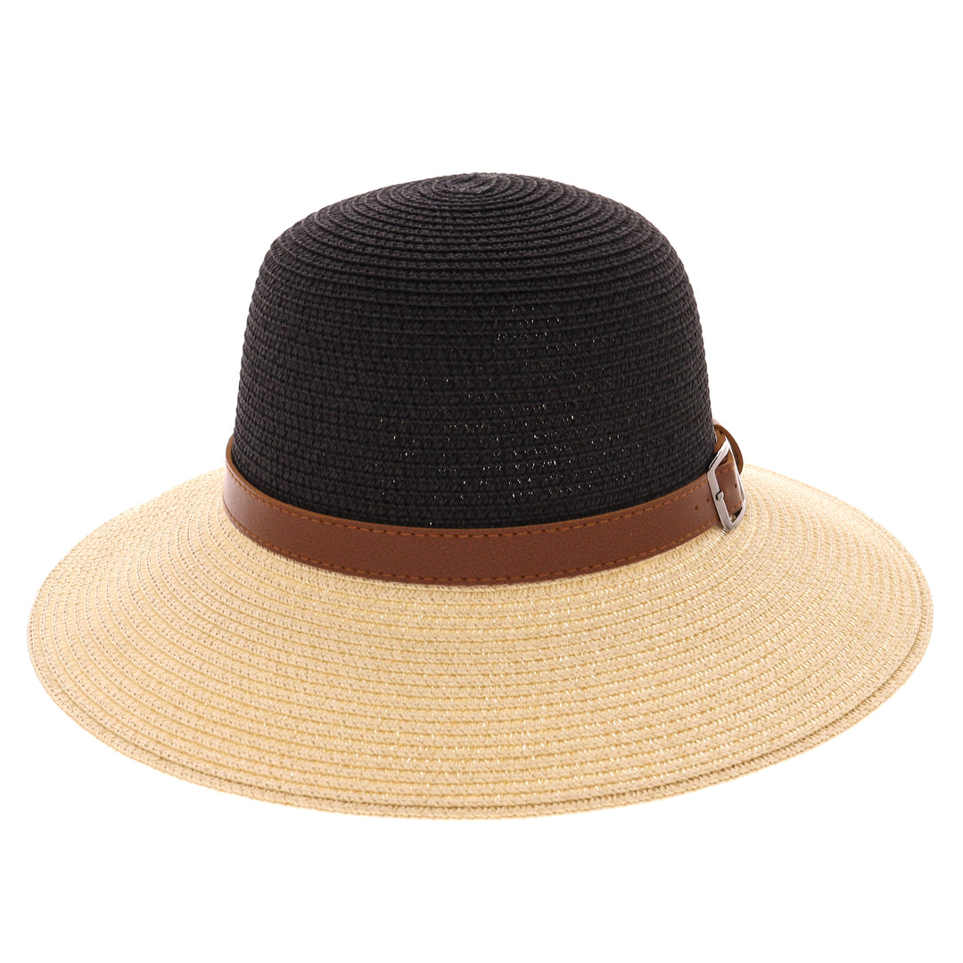 Women's  Summer Straw Wide Brim Sun Hat with Buckle Band Black/Natural