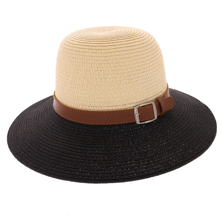 Women's Summer Straw Wide Brim Sun Hat with Buckle Band Natural/Black