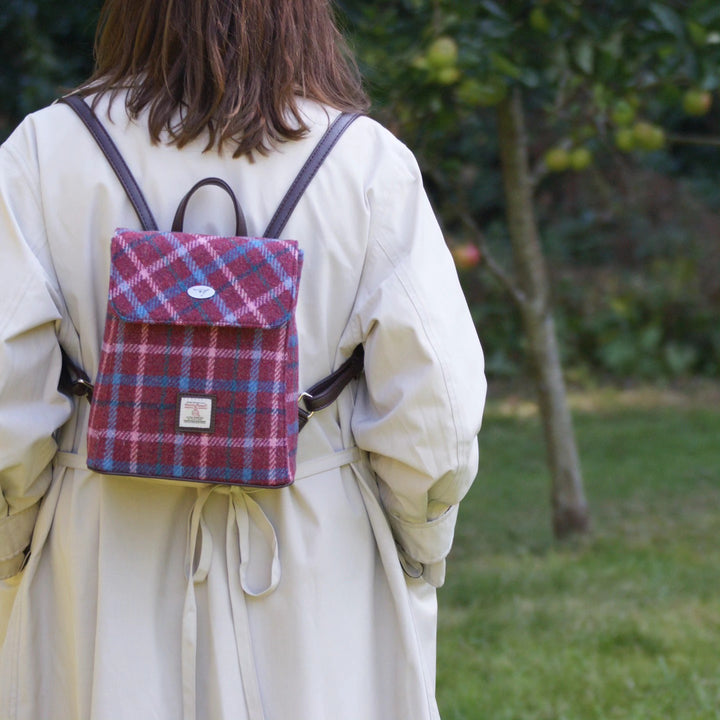 Glen Appin Harris Tweed Tummel Backpack Rust Red with Blue Overcheck