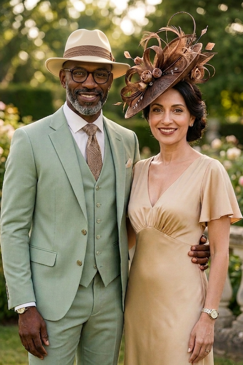 Man in a light sage green suit and cream  fedora hat, standing with a woman in a beige dress with a large brown headband fascinator. Standing outdoors, posing for a photo as wedding guests. 