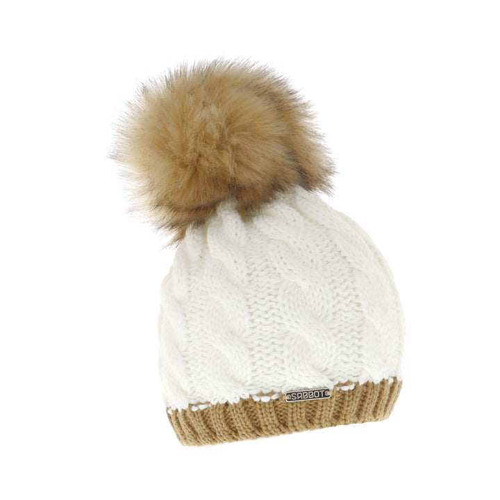 Sabbot Andrea Chunky Knit Faux Fur Bobble Hat White/Camel