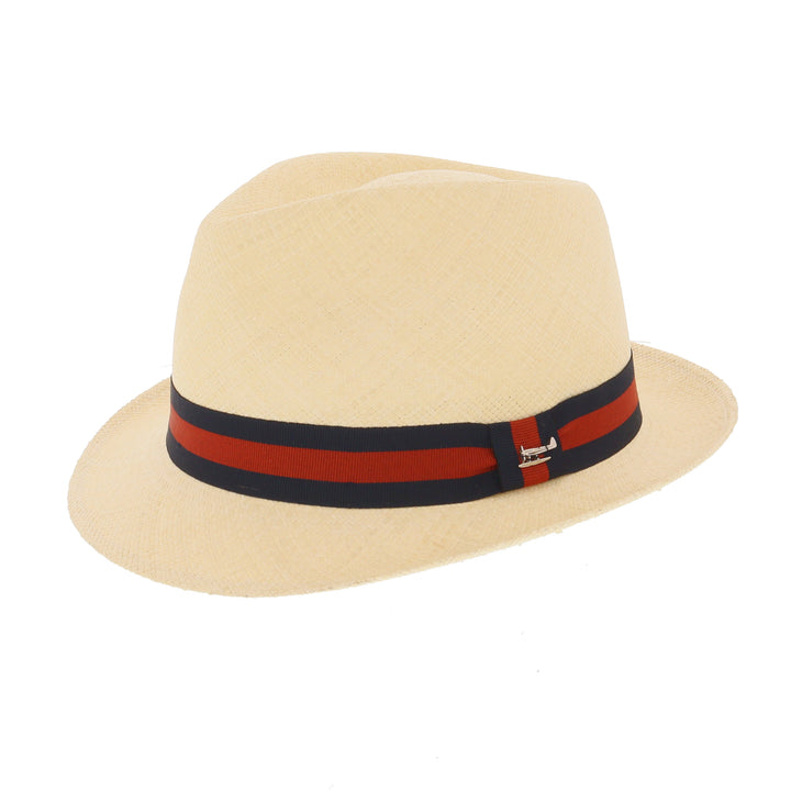Henley Panama Trilby Hat In Natural With Navy & Red Stripe Band