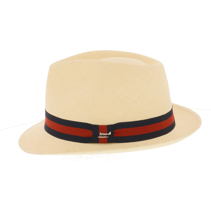 Henley Panama Trilby Hat In Natural With Navy & Red Stripe Band