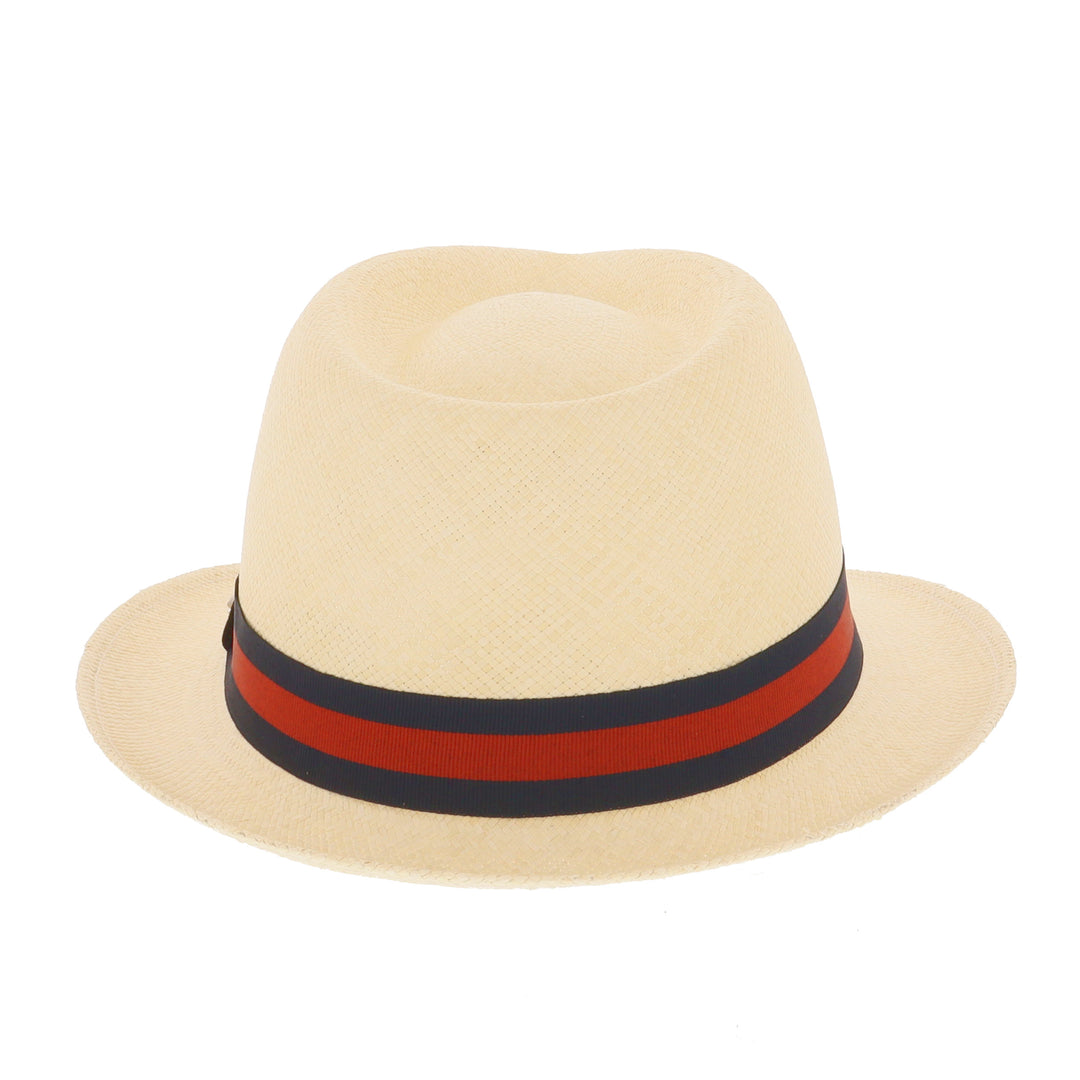 Henley Panama Trilby Hat In Natural With Navy & Red Stripe Band