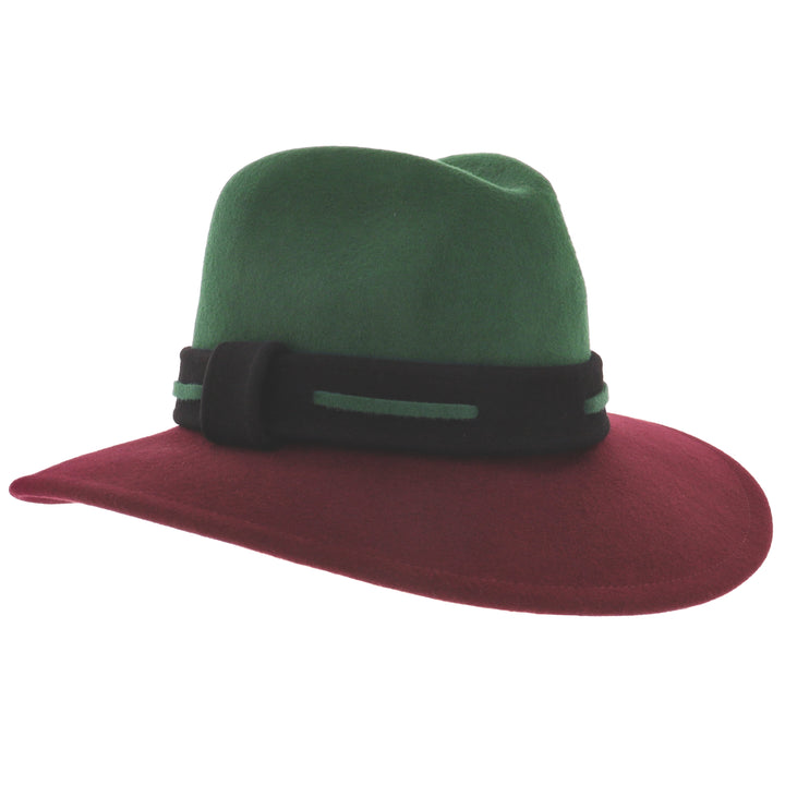 Ladies 100% Wool Contrasting Coloured Fedora (Forest/Mulberry)
