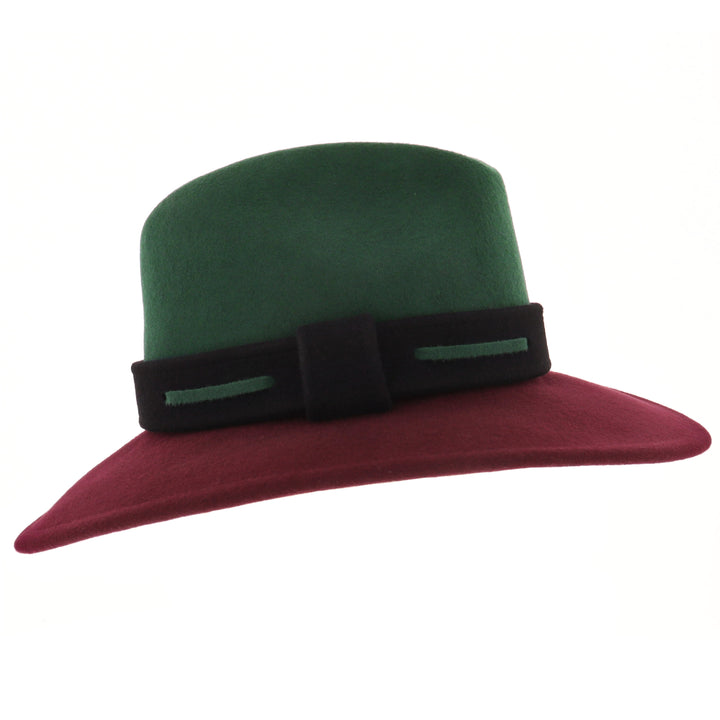 Ladies 100% Wool Contrasting Coloured Fedora (Forest/Mulberry)