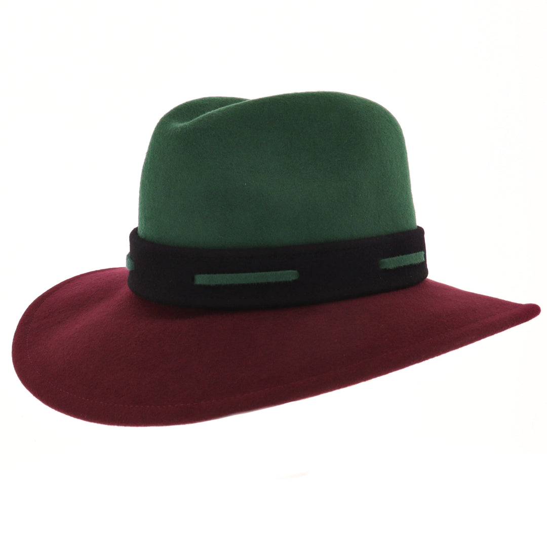 Ladies 100% Wool Contrasting Coloured Fedora (Forest/Mulberry)