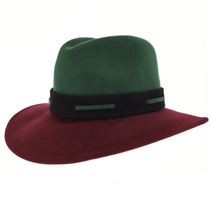 Ladies 100% Wool Contrasting Coloured Fedora (Forest/Mulberry)