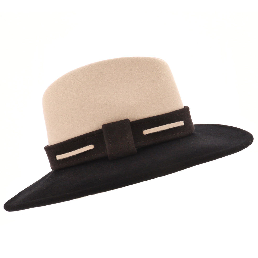 Ladies 100% Wool Contrasting Coloured Fedora (Oatmeal/Black)
