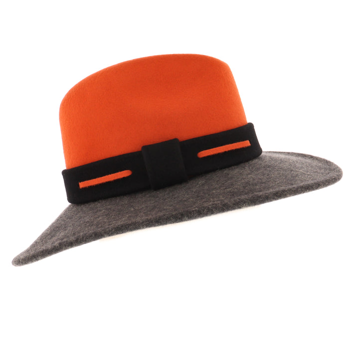 Ladies 100% Wool Contrasting Coloured Fedora (Pumpkin/Charcoal)