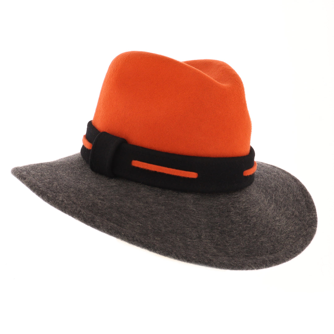Ladies 100% Wool Contrasting Coloured Fedora (Pumpkin/Charcoal)