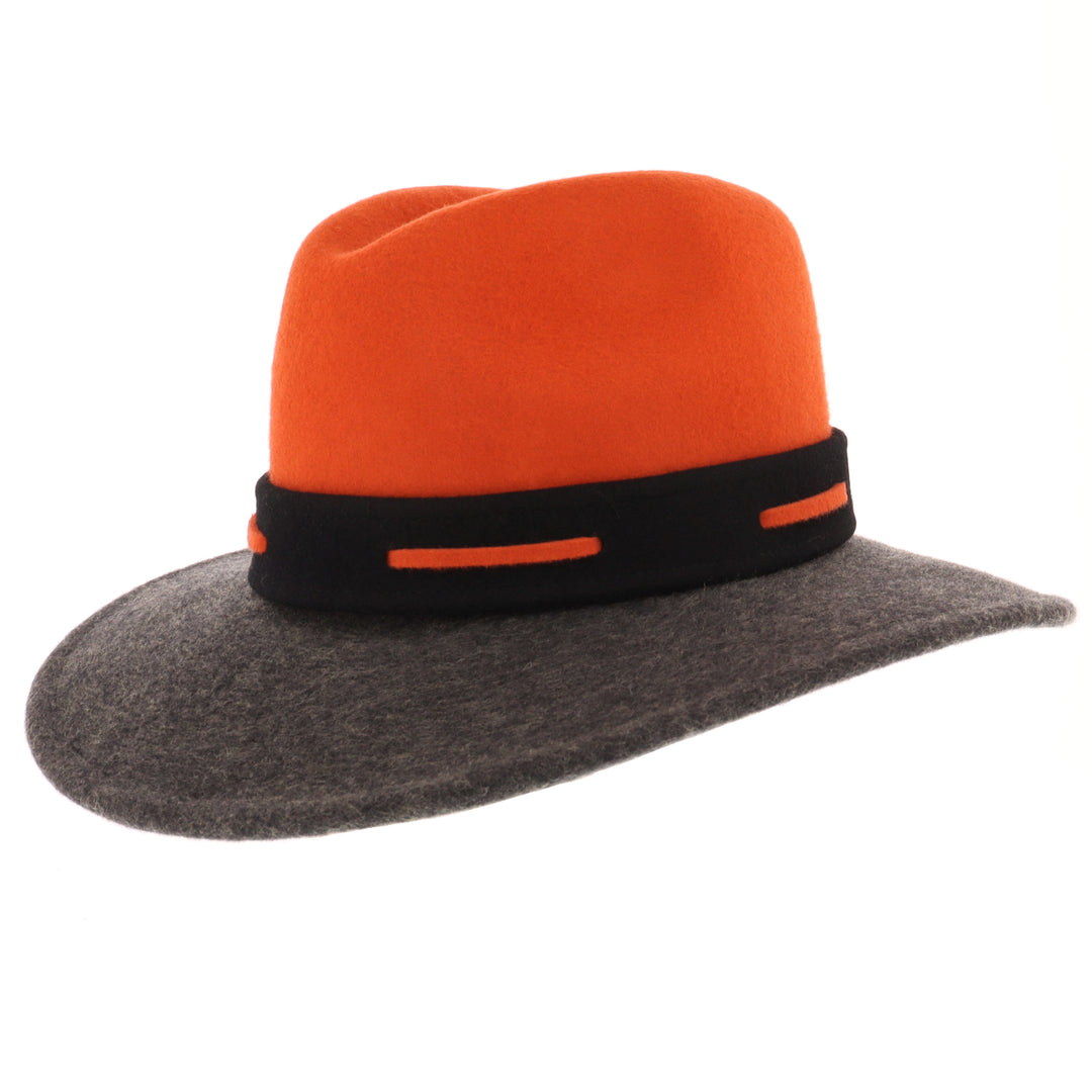 Ladies 100% Wool Contrasting Coloured Fedora (Pumpkin/Charcoal)
