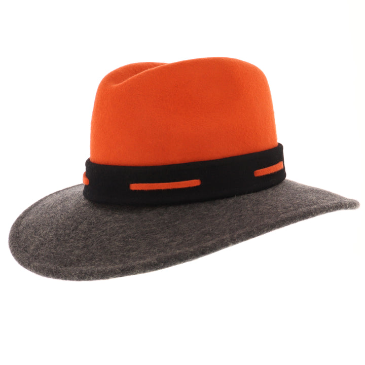 Ladies 100% Wool Contrasting Coloured Fedora (Pumpkin/Charcoal)