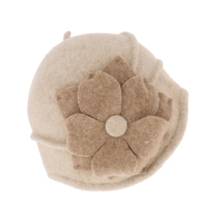 Oatmeal Asymmetric Wool Flower Pull On Cloche Hat