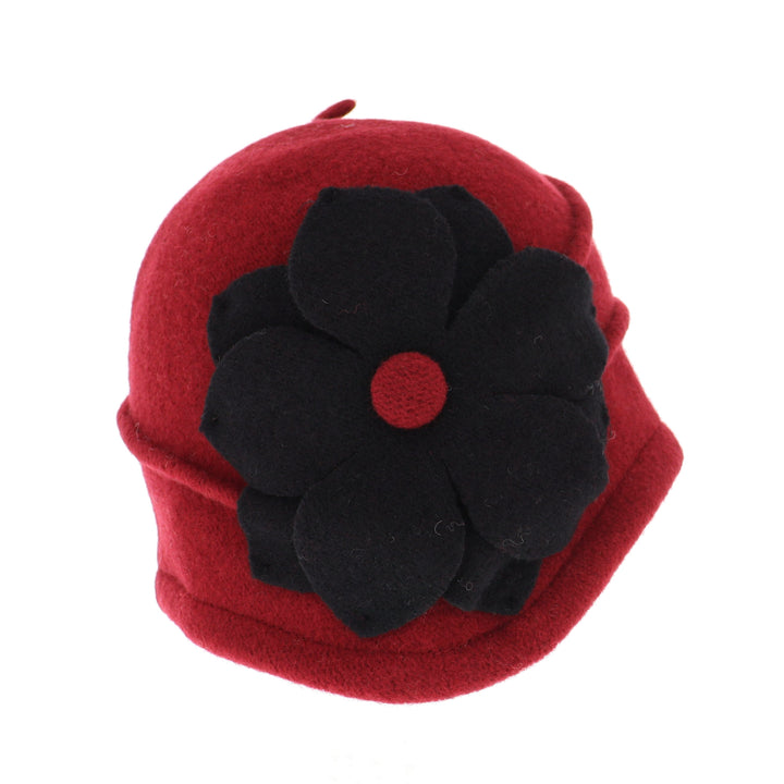 Berry Red Asymmetric Wool Flower Pull On Cloche Hat