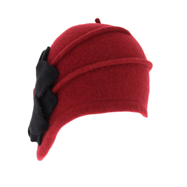 Berry Red Asymmetric Wool Flower Pull On Cloche Hat