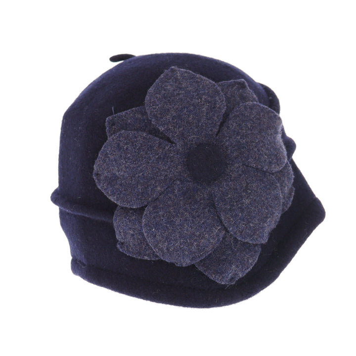 Navy Asymmetric Wool Flower Pull On Cloche Hat