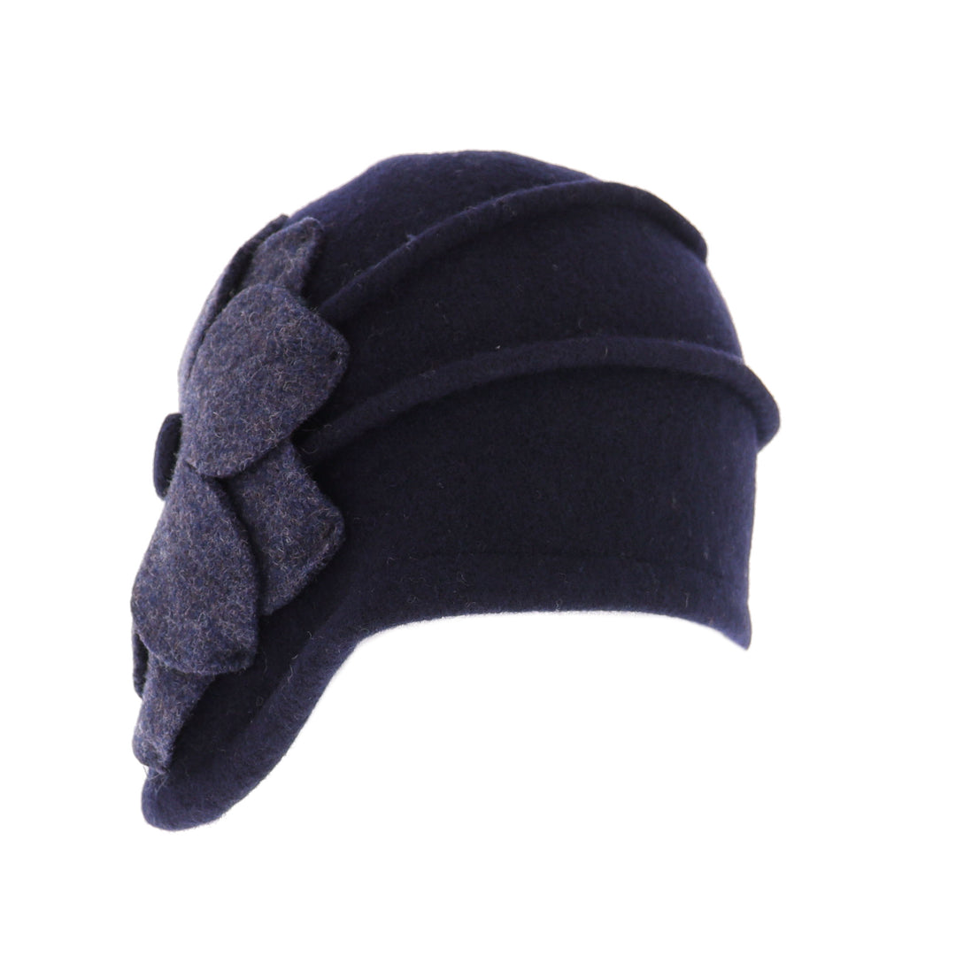 Navy Asymmetric Wool Flower Pull On Cloche Hat