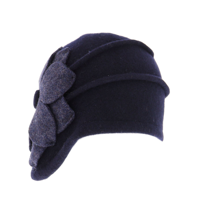 Navy Asymmetric Wool Flower Pull On Cloche Hat